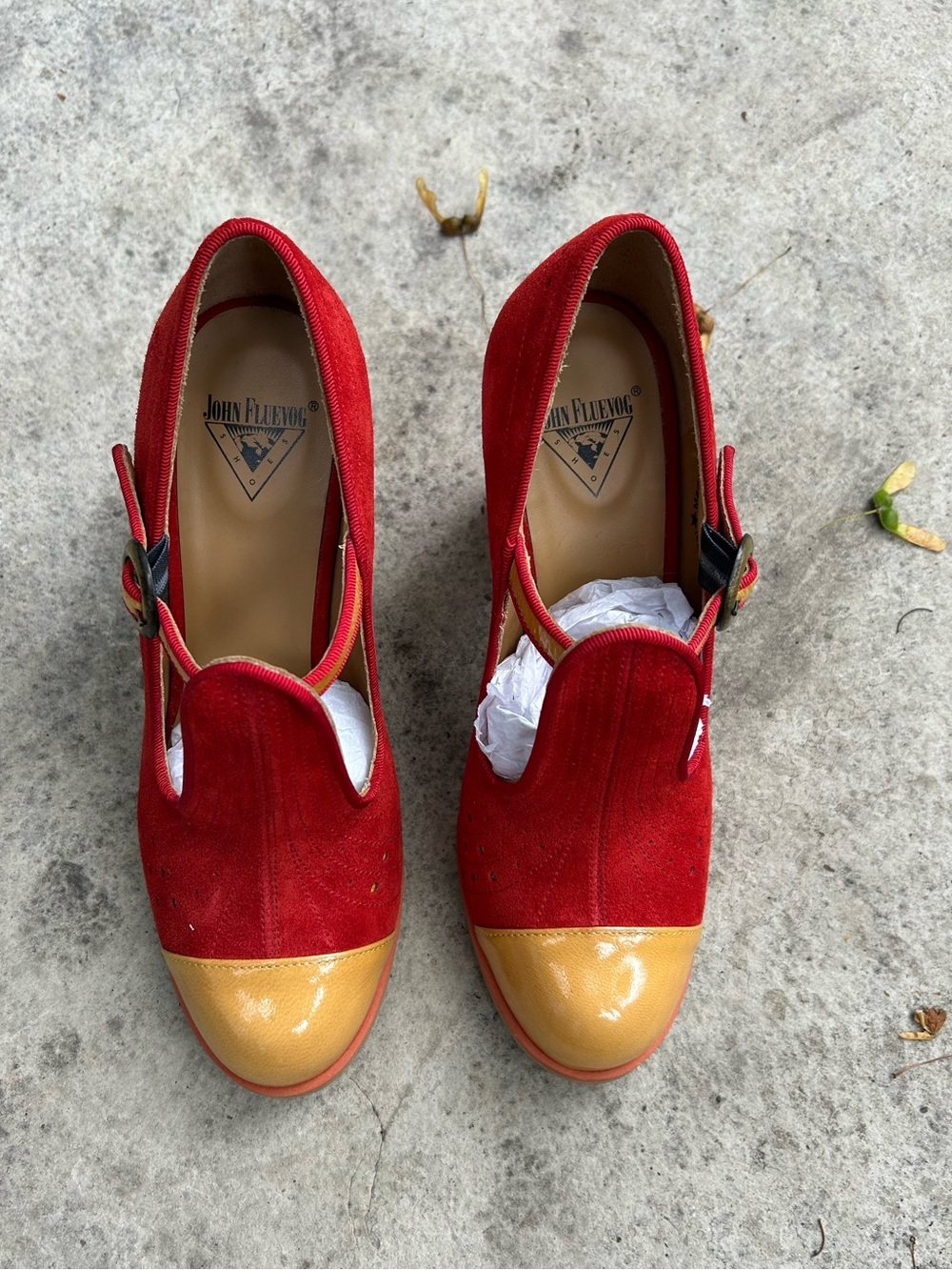 John Fluevog Attic Tova Contrast T-Strap Heel, size 7.5